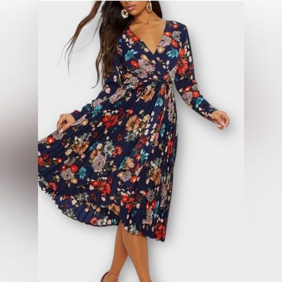 PrettyLittleThing Pink Blue Long Sleeve V-Neck Sheath Dress - Picture 3 of 10